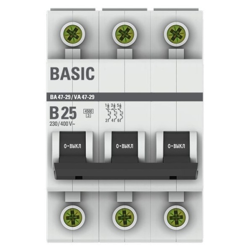 Выключатель автоматический модульный 3п B 25А 4.5кА ВА 47-29 Basic EKF mcb4729-3-25-B фото 2