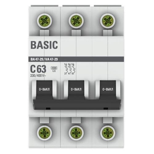 Выключатель автоматический модульный 3п C 63А 4.5кА ВА 47-29 Basic EKF mcb4729-3-63C фото 2